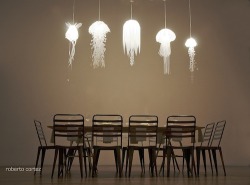 ianbrooks:  Jellyfish Lamps by Roxy Russell Available for purchase at Roxy Russel Design. The Medusae Collection grants all the the joyous, illuminating benefits of light and none of the horrible stinging you until you die parts of real jellyfish. If