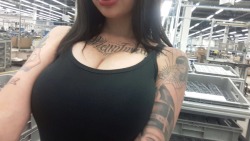 munichslut:  Currently at work, nothing much to do beside surfing on tumblr and squeezing my fat fake tits out of my top like the cheap slut that I am ;)  Love to make my co-workers horny around me haha sadly none of them has the big dick I need or is