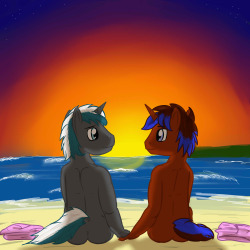 Night Blossom and Amshel enjoying a nice moment on the beach.  Though it might have been a bit uncomfortable once they realized it was a nude beach, but the sunset scenery helped distract from that particular detail. &mdash; OC Request for Night Blossom. 