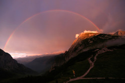 nikolawashere:  A rainbow spans over a valley between the Hohes Goell and Schneibstein mountains near the Carl-von-Stahl-Haus Alpine Club hut in the Berchtesgaden, Bavaria Unknown source