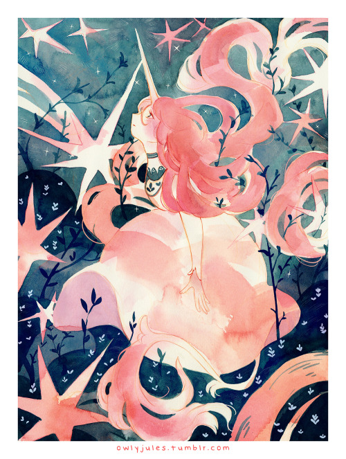 virginiawade: owlyjules:  Last of last week original watercolors!:) I just have a thing for girls with horns and stars it seems.:D  pretty/pink makes me think of Virginia Wade  new song: when saturn returned 