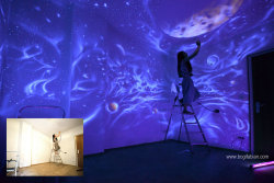 archiemcphee:Vienna, Austria-based artist Bogi Fabian uses glow-in-the-dark and black light-reactive paints to transform rooms into otherworldly getaways in distant galaxies, jungles, caves or underwater. While some of Fabian’s murals are partially
