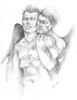 Pencil sketch commission for Lamppu. I&rsquo;m sorry it took so freakishly long! ;___; Tried to make up for it by concentrating on their faces a bit more&hellip; (Cas still doesn&rsquo;t look like himself, MISHA WHY IS YOUR FACE SO DIFFICULT)