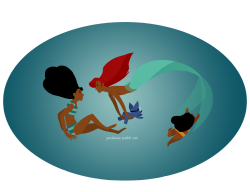 pandeimos-art:  title: goddamn it these are hard Gaze (god i’m brilliant) fandom: The Little Mermaid / Lilo &amp; Stitch crossover ship: Nani Pelekai/Ariel feat. Lilo and Stitch stitch sinks cos he’s denser than water, so i like to see him being held