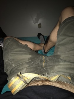 peewhereyoulike:Relaxing in the bed with my pissed shorts on.