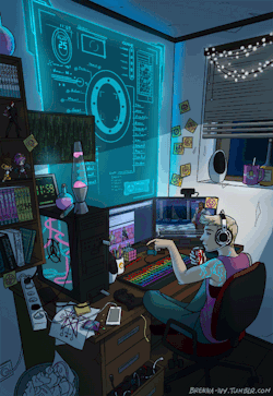 brenna-ivy: I’ve worked way too long on this, but it’s finished! The Modern Male Witch: Home Office! It’s always 11:59 in the home office of the tech witch. That magical moment just before midnight when anything can happen. There’s a soft buzzing