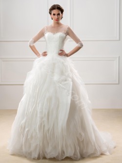 dressvbridal:    Floor Length A-Line Sheer Scoop Neck ¾ Sleeve Ivory Organza Wedding Dress   