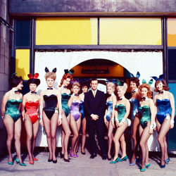 vintagegal:  Hugh Hefner and Playboy Bunnies at the Playboy Key Club in Chicago c. 1960s 
