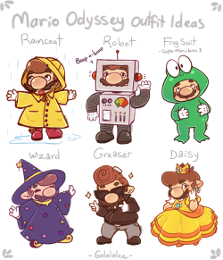 galahp: Mario Odyssey outfit ideas I already love the selection of outfits in Odyssey but my brother said he wanted a Daisy outfit which got me thinking about other outfits I’d like to see ^^ 