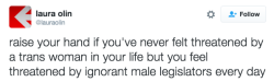 vxleera:  thejusticethatissocial:  *raises hand faster than light*  [the image is of a tweet from laura olin (@lauraolin) which says “raise your hand if you’ve never felt threatened by a trans woman in your life but you feel threatened by ignorant
