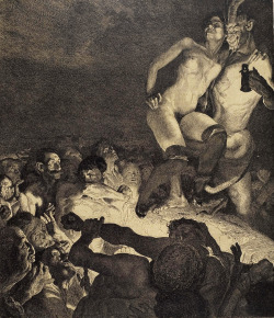 blackpaint20:  Otto Greiner - Die Feilbietung (Devil Showing Woman to the People) One of my favorites! Lithograph, 1898, in pencil monogrammed O.Gr. and inscribed Nr. 35 from the print cycle Vom Weib Provenance: ex coll. Walter Bareiss, New York  What