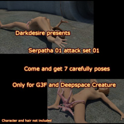 With this new series, plunge into the heart of darkness, discover a new world of horror erotica. With this set, you will have: 7 poses particularly worked for G3F and Serpatha 01 If you have the kit&rsquo; genitalia for V7&rsquo;, you will have the corres