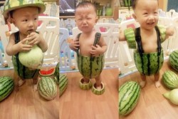 thedailywhat:  Cute Overload of the Day: Babies Wearing Watermelons as Overalls To fight the persistently and ongoing heat wave that brought record-breaking high temperatures across the country, Internet users in China have kicked off what may be the
