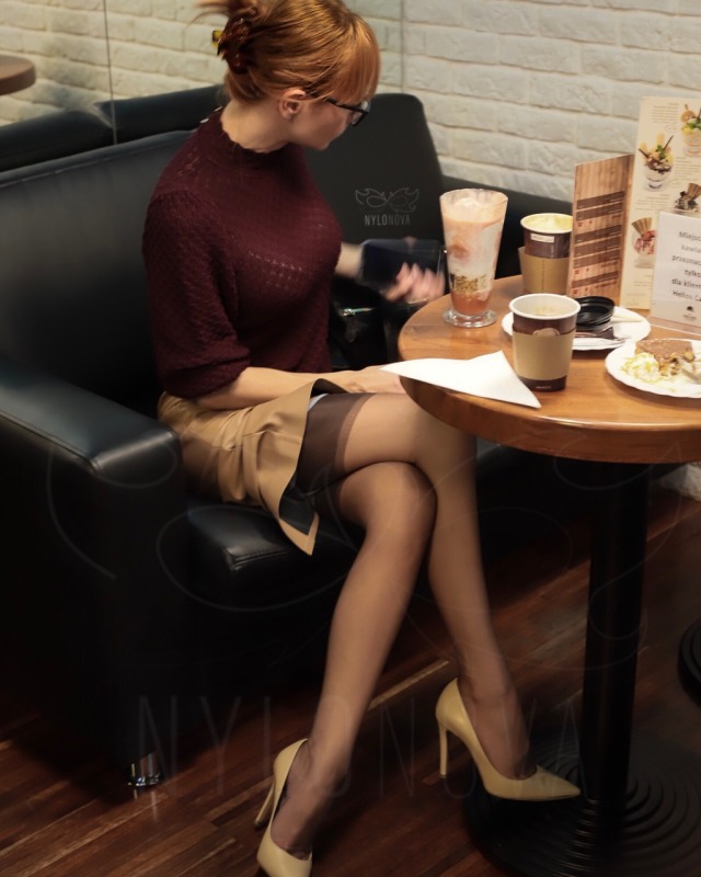 nylo-nova:Another evening at the cinema. ‪Mrs NyloNova’s #outfit: Elegant burgundy top. #vintagestockings, beige classic pumps and matching beige leather #pencilskirt. 