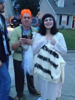 Our Halloween costumes! Drop Dead Fred and Lizzie (Snotface) in our guilty sweaters!
