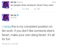 steven-universe-official:  stellalights:  ian jq and alex hirsch’s opinion on the fan art situation right now  This attitude is so common among adults/professionals, tumblr kids should really take the hint.    Heroes&hellip;FUCKING&hellip;HEROES.
