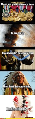 haytham-senpai:   ikenbot:        cultural appropriation 101        Seriously guys, wearing a war bonnet without having to suffer blood, sweat and tears for it is so disrespectful to all the servicemen who have sacrificed their lives for this country.