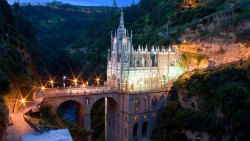 sixpenceee:  Las Lajas Sanctuary is a basilica church located in the southern Colombian Department of Nariño, municipality of Ipiales and built inside the canyon of the Guáitara River. The present church was built in Gothic Revival style between 1916