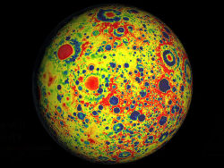 scienceisbeauty:  Portion of the far side of the Moon (right) and a portion of the nearside (left), showing variations in the Moon’s gravity field as observed by NASA’s Gravity Recovery and Interior Laboratory (GRAIL) during its primary mapping mission