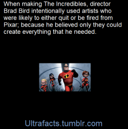 arseniccupcakes:  rootbeersweetheart:  ultrafacts:  Brad Bird told The McKinsey Quarterly in 2008, “The Incredibles was everything that computer-generated animation had trouble doing. It had human characters. It had hair. It had fire. It had a massive