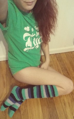mccprincess:  Can you catch my lucky charms…. hehe feeling lucky in this mornings tshirt and panties…. xox 🍀❤ 👑 🎀  I want the green clovers lol