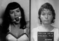  Bettie Page was a pin-up model in the 1950s. She quit the business and started a religious path in life. Sometime in the late 1960s - early 1970s her life started to fall apart. She had several violent episodes and was diagnosed schizophrenic. During