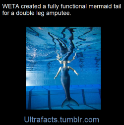 ultrafacts:  ultrafacts:  The team over at WETA completed a rather unusual project, creating a fully functional Mermaid tail for Auckland woman Nadya Vessey, who is a double leg amputee.   The unique articulated construction of the tail will allow Vessey