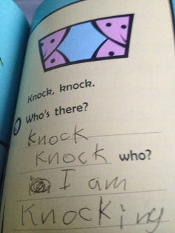 the-absolute-funniest-posts:  billcosplay: i had a book when i was a kid where u could write ur own knock knock jokes and im still laughing at it