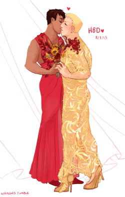 whinges:  a couple titans lookin real fancy for reiner’s birthday ✨ dresses are couture from basil soda and tony yaacoub. while i’m being self-indulgent i’m going to tell everyone 2 consider my fav trans headcanons: agender “barely feel human