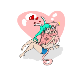 ieatedanimation:  *throws art at you and runs* based on Dashingicecream’s Negitoro au where Luka is a cat-girl and Miku is a Bunny-girl. Miku’s not wearing any pants 