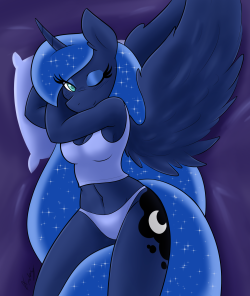 needs-more-butts:  I had a fun idea for a sleepy Luna on her bed, maybe slightly waking up–and showing some lovey bed-room eyes. The end result was a pose that wasn’t as natural looking as I had hoped, but at least conveyed the coy and sexy look I