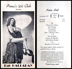 Pat &ldquo;Amber&rdquo; Halladay appears on a vintage promo brochure for Leon Prima&rsquo;s 500 Club; located in the heart of New Orleans&rsquo; famed &ldquo;French Quarter&rdquo;.. The Club was owned by Leon and his famous musician brother: Louis.. The