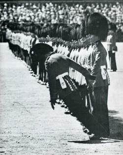 A bearskinned guardsman bites the dust, demonstrating that even when he falls, a British soldier does so at attention.