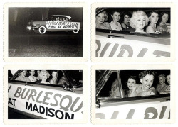 An unusual quartet of vintage 50&rsquo;s-era candid photos features showgirls from Seattle&rsquo;s &lsquo;RIVOLI Theatre&rsquo; in a parade car.. Dunno the occasion of the parade. And sadly, I&rsquo;m unable to identify any of the performers shown.. Looks