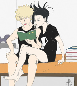 masitadibujante: Casual Bakumomo for your casual bakumomo needs~ In which the couple of nerds spend the night together studying because Bakugou needed to answer some questions that Kirishima, his study partner par excellence, couldn’t solve. Yaoyorozu