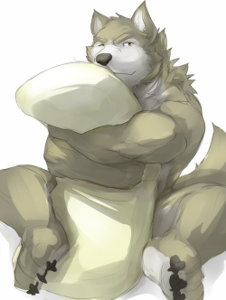 ralphthefeline:  A dog dude hugging a pillow. He is supposed to be wearing underwear but you can’t even see it -w- and thus he looks like he isn’t wearing anything -w- 