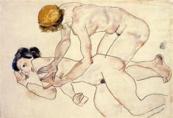 expressionism-art: Two Female Nudes, One Reclining, One Kneeling, 1912, Egon SchieleSize: 34.93x46.04 cmMedium: watercolor on paper