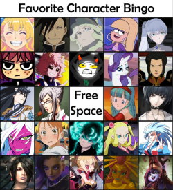 galactic-overlord:fav characters bingo~more like WAIfu bingo ahahahahah~….uhhhi really need to draw them all don’t I~~~~ @galactic-overlord I’m not that surprised our tastes align so closely. A few of these are near misses, too. If only you’d