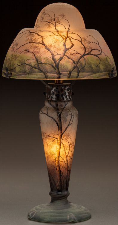 legendary-scholar:Daum Nancy Etched and Enameled, Art nouveau Rain scenic table lamp Circa 1900.