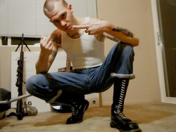 bootslaveboyusa:   SEXY SKINHEAD SAYS FU !!!  Thank YOU SIR!  May i please lick YOUR RANGER BOOTS and perhaps be STOMPED and KICKED by THEM as a faggot deserves please SIR?