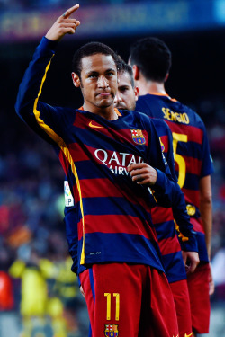 fcbarcelonasource:  Neymar celebrates after scoring during the 2015/16 La Liga match between FC Barcelona and Villarreal CF at Camp Nou in Barcelona, Spain on November 8, 2015. 
