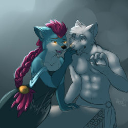 Iâ€™m not really into furry stuff, but I find this illustration by Dertah super erotic. I love the surprise captured on the male foxâ€™s face, the upraised hand stopped in mid-gesture, the mouth frozen open in permanent silence. Everything about his pose
