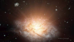 cosmicvastness:  New record broken! NASA discovered a remote galaxy shining with the light of more than 300 trillion suns. It is the most luminous galaxy found to date and belongs to a new class of objects recently discovered by the Wide-field Infrared