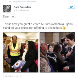 pithy-partyy:  animatedamerican:  popcanpoli:  a-duck-among-humans:  popcanpoli:   @SaraSoueidan: Dear men, This is how you greet a veiled Muslim woman (a Hijabi). Hand on your chest, not offering to shake hers. 🙋  so prominent BLM activist deray mckesson