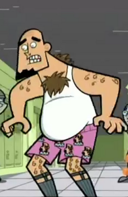 Mr. Lancer once again losing his pants in front of the school, this time wearing pink boxers with little Shakespeare heads on them.  that hairy gut 🤣  Danny Phantom: S1E19 “Million Dollar Ghost”