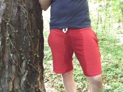 wetdude792:Wet red sweat shorts in the forest