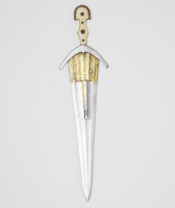 art-of-swords:  Cinquedea and Scabbard  Dated: circa 1480-1510 Culture: Italian Medium: blade of gilt and etched steel, grip of ivory and gilt brass, hardened tooled leather scabbard Measurements: overall length 62.4 cm; blade length 47.6 cm Provenance: