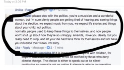 amandapalmer:  regarding this comment. hereâ€™s a public service announcement:**IF YOU COME ACROSS AN AMERICAN ARTIST, WRITER, JOURNALIST OR MUSICIAN RIGHT NOW WHO HAS NO POLITICAL OPINIONS AND/OR IS AFRAID OF TALKING POLITICS, BE VERY CONCERNED.**go