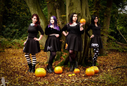 corvuscoronefashion-photography:  31 Days of Hallowe’enDay 18: Here to stay spooky!  These Hallowe'en themed skirts will now be available all year from our Etsy shop!  Models &amp; Garments (L-R):Nik / hart-heart wearing the Wormwood top and Gabrielle