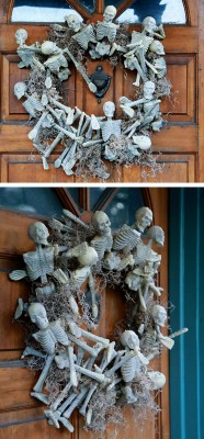 halloweencrafts:  DIY Skeleton Wreath Tutorial from the Etsy Blog.A few toy plastic skeletons, a wire wreath and stone spray paint make up this DIY Skeleton Wreath.For Other DIY Skeleton Wreaths I’ve Posted, See Below:  DIY Halloween Dollar Store Skeleton